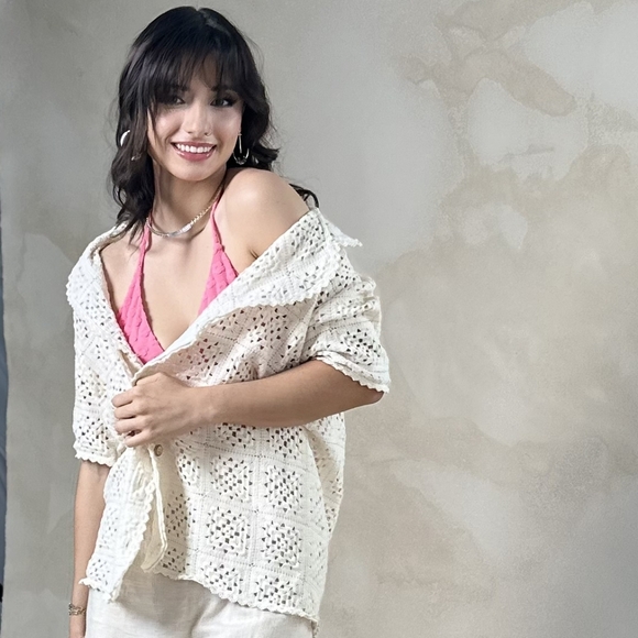 00070 NEW Agua Bendita Crochet Square Button Front Shirt Cream S coastal resort - Picture 1 of 11
